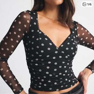 Abercrombie & Fitch Black Long Sleeve Polka Dot Mesh Top